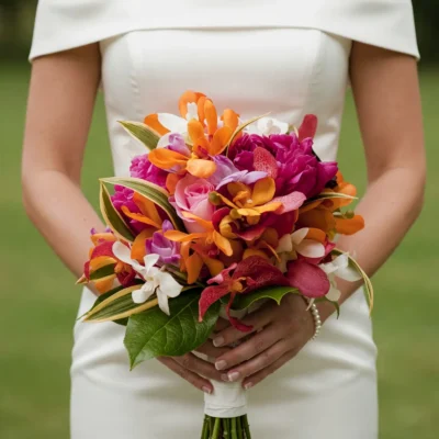 bridal flowers bouquets with orange and magenta orchids pink roses white tropical flowers striped foliage and glossy green leaves