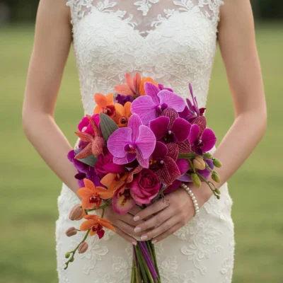 bridal blooms with magenta phalaenopsis orchids burgundy patterned orchids orange tropical flowers raspberry roses and orchid buds
