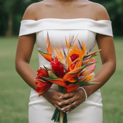 bridal flower centerpieces inspiration with orange bird of paradise red ginger heliconia and fiery tropical bridal flowers