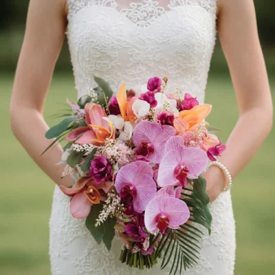 boho style flowers tropical bridal bouquet with lavender phalaenopsis orchids peach blooms magenta flowers palm frond and eucalyptus greenery