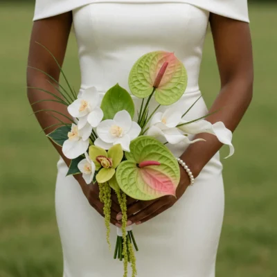 bridal blooms with white phalaenopsis orchids blush green anthuriums chartreuse tropical flowers fine grasses and trailing greenery