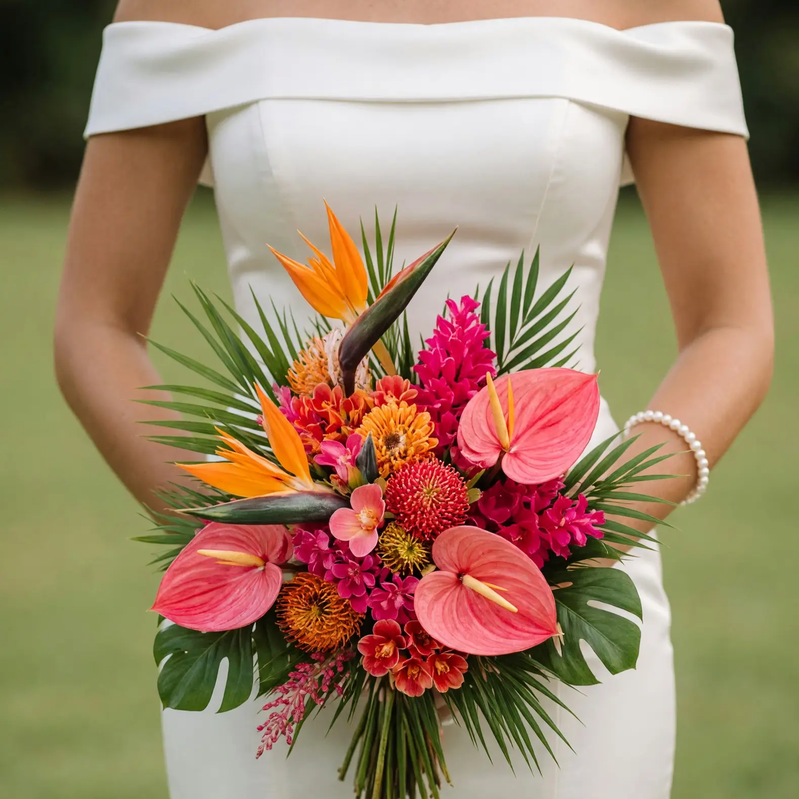 bridal blooms with coral anthuriums orange bird of paradise red pincushion flowers vivid pink tropical blooms monstera and palm foliage