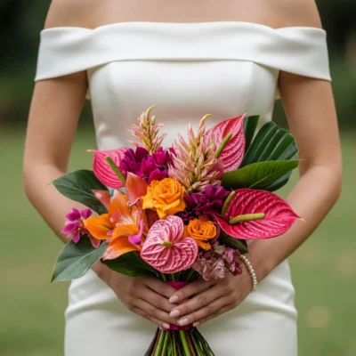 bridal flower centerpieces inspiration with ruby pink anthuriums orange roses magenta tropical flowers peach spikes and glossy green leaves