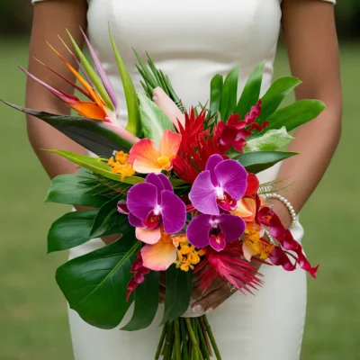 bridal flowers bouquets with purple phalaenopsis orchids orange bird of paradise scarlet tropical flowers and glossy green foliage