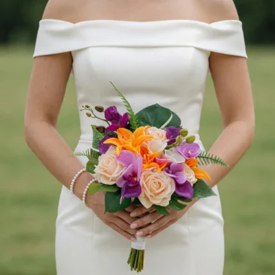 bridal flowers bouquets with orange lilies purple orchids ivory roses tropical green leaves orchid buds and delicate fern foliage