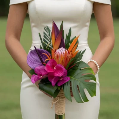 bridal blooms with magenta orchids purple anthurium striped protea orange tropical flowers monstera leaf and dark palm foliage