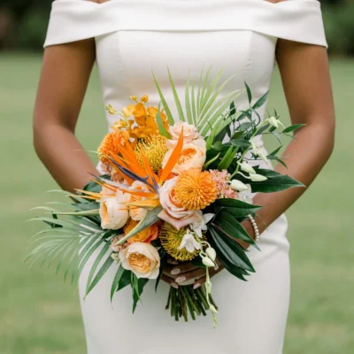 bridal blooms with peach roses orange orchids bird of paradise golden pincushion flowers white accents and tropical palm foliage
