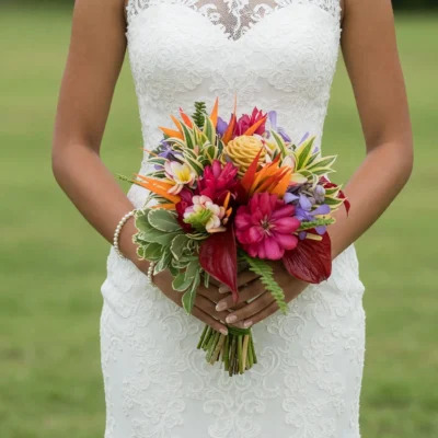 bridal blooms with ruby anthuriums hot pink tropical flowers orange accents pale plumeria purple blossoms variegated leaves and fern