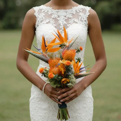 bridal flowers bouquets with orange bird of paradise pincushion protea safflower accents eucalyptus and tropical greenery