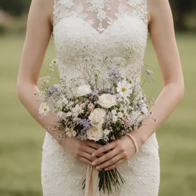 Boho style flowers in a dried wedding bouquet with ivory roses, white daisies, soft lavender accents and airy bridal meadow design