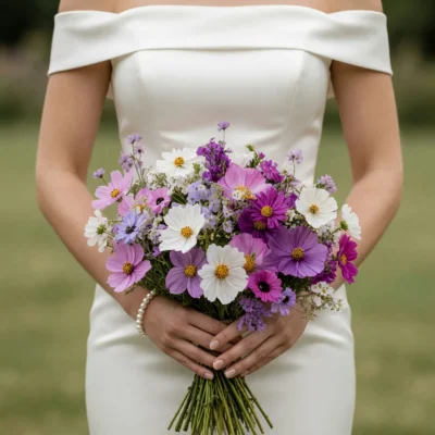 Popular wedding bouquets with dried white, lilac, pink and purple cosmos-style flowers in a romantic violet meadow bridal arrangement