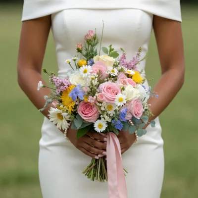 Bridal blooms with dried blush roses, white daisies, blue flowers, yellow accents and eucalyptus in a romantic pastel wedding bouquet