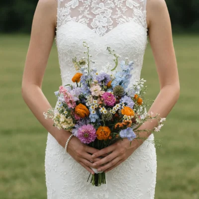 Bridal blooms with dried orange, powder blue, pink, lavender and white meadow flowers in a colorful romantic wedding bouquet