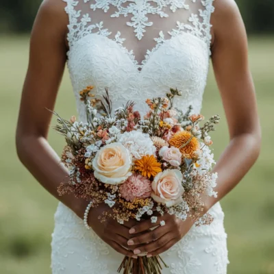 Boho style flowers with dried ivory roses, blush blooms, peach flowers, amber accents and white fillers in a romantic bridal wedding bouquet