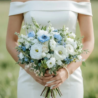 Bridal flowers bouquets with dried white roses, powder blue blooms, ivory flowers, airy fillers, and eucalyptus greenery for an elegant wedding