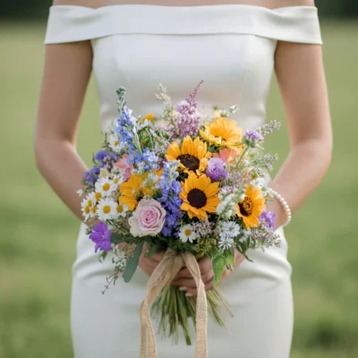 Popular wedding bouquets with dried yellow sunflowers, blue and lavender blooms, blush roses, white daisies, and meadow greenery