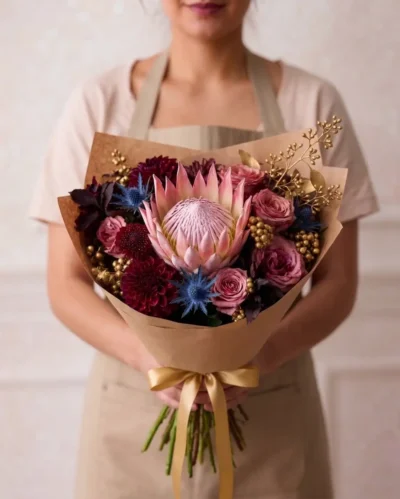 Luxury flowers Vancouver bouquet with pink protea, dusty pink roses, burgundy dahlias, blue accents and decorative gold details.