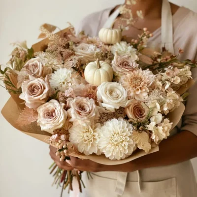 Autumn flowers Vancouver bouquet with cream and blush roses, ivory dahlias, white pumpkins, berries and soft neutral seasonal foliage.