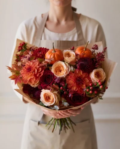 Fall flowers Vancouver bouquet with peach roses, burgundy and rust flowers, red berries, eucalyptus and miniature orange pumpkins.