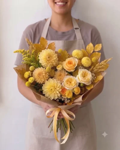 Yellow flowers Vancouver Butterscotch bouquet with cream and apricot roses, pale yellow dahlias, golden foliage and wheat-like accents.