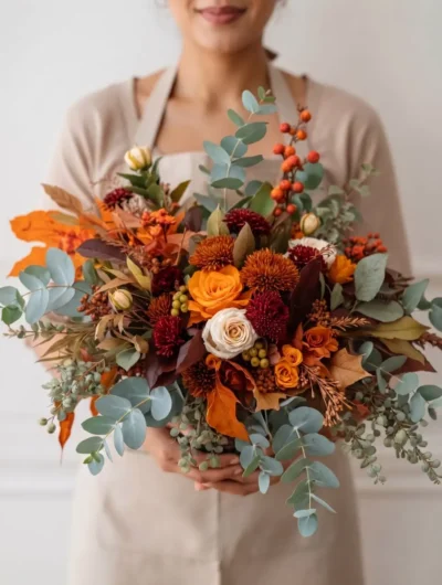 Fall flowers Vancouver Copper Grove bouquet with orange and cream roses, burgundy blooms, eucalyptus, berries and copper autumn foliage