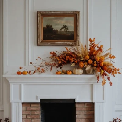 Fall floral arrangement Vancouver with burnt-orange foliage, berries, golden grasses and warm seasonal accents styled on a fireplace mantel.
