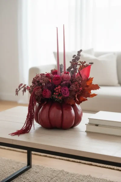 Thanksgiving centrepiece Vancouver with burgundy roses, berries, copper autumn leaves, cascading flowers and taper candles in a red pumpkin vessel.