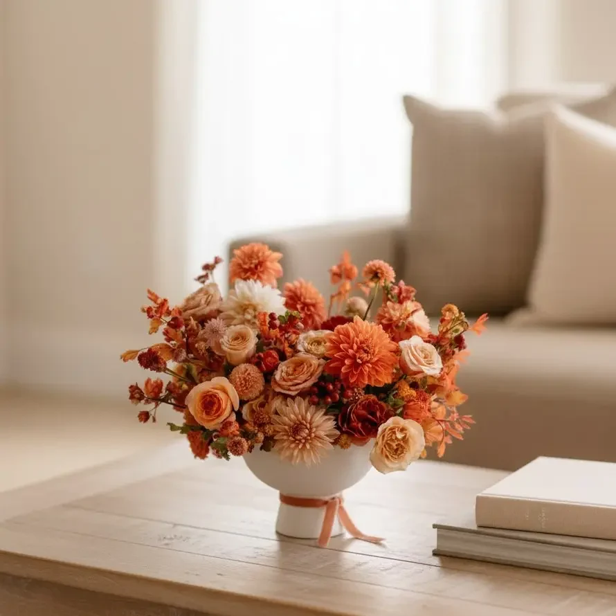 Fall flower arrangement Vancouver with apricot and peach blooms, cream roses, burgundy accents and berries arranged in a white pedestal vase.