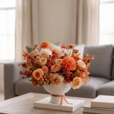 Fall flower arrangement Vancouver with apricot and peach blooms, cream roses, burgundy accents and berries arranged in a white pedestal vase.
