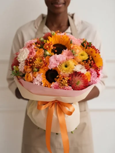 Sunflower bouquet Vancouver with golden sunflowers, orange and peach roses, pink carnations, warm berries and blush wrapping.