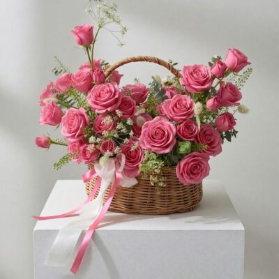 Rose basket Vancouver arrangement available in pink, white, peach, light pink and red roses with greenery and delicate white accents