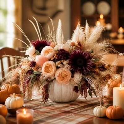 Autumn flower arrangement Vancouver with peach blooms, deep burgundy focal flowers, dried grasses and greenery in a neutral ceramic vase