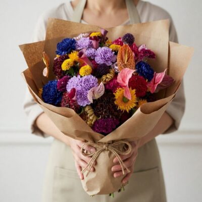Colourful bouquet Vancouver with blue, lavender, pink, burgundy, coral and yellow flowers wrapped in natural kraft paper