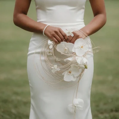 Luxury bridal blooms featuring white Phalaenopsis orchids and sculptural ivory circular loops in a modern minimalist wedding bouquet with cascading orchid accents