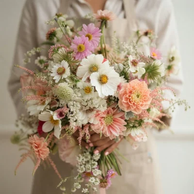 Pastel bridal blooms wedding bouquet with peach dahlias, pink flowers, white cosmos, and delicate greenery