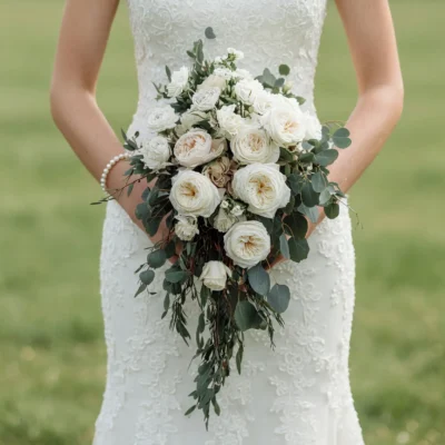 Luxury bridal flowers bouquets featuring ivory garden roses, delicate white spray roses, and cascading sage green eucalyptus in an elegant wedding arrangement
