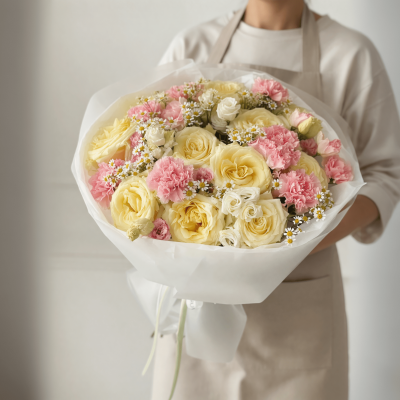Cream rose bouquet with blush pink carnations, delicate white flowers, and chamomile-style accents wrapped in elegant white paper