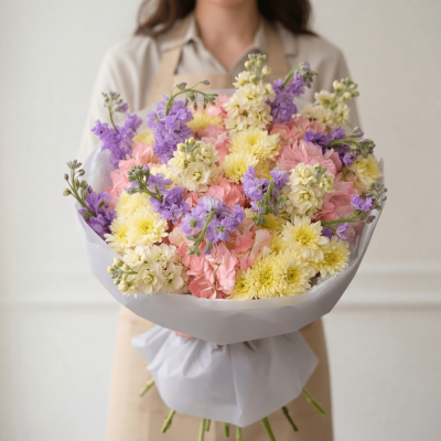 Pastel bouquet with blush pink flowers, lavender blooms, creamy ivory chrysanthemums, and soft seasonal florals wrapped in white paper