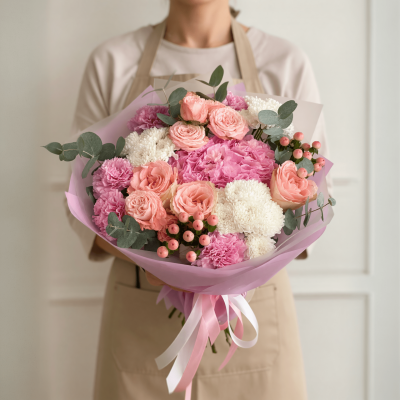 Pink rose bouquet with blush flowers, white chrysanthemums, eucalyptus, and soft pink wrapping with ribbon detail