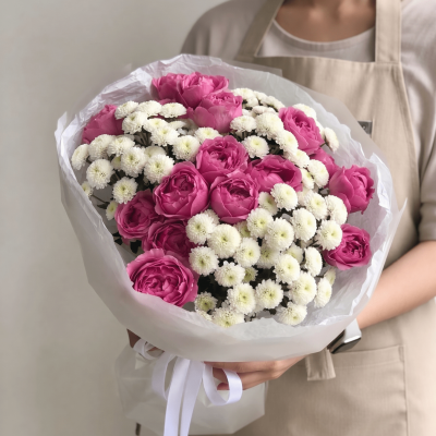 Soft pink garden-style roses with small white flowers wrapped in elegant white paper bouquet held by florist