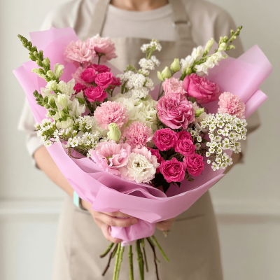 Pink flower bouquet with blush carnations, vibrant pink spray roses, white seasonal flowers, and soft pastel wrapping in a modern garden style
