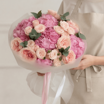 Pink hydrangea bouquet with blush garden roses, spray roses, eucalyptus accents, and soft translucent wrapping with ribbon detailing
