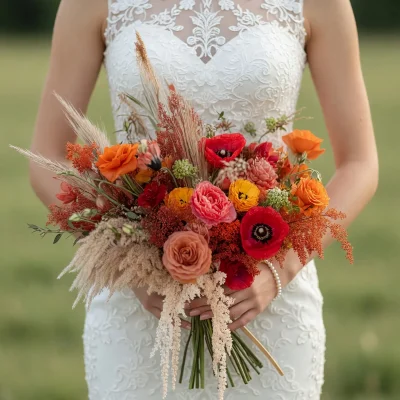 Boho style flowers with dried red poppies, orange and coral blooms, terracotta accents, peach roses, and pampas textures in a bridal bouquet